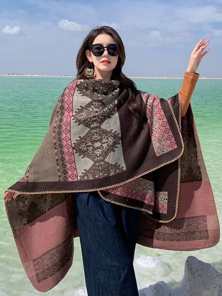 Lenço de caxemira tricotado feminino, estampa boho, cachecóis quentes, envoltório de pashmina, xale feminino, cachecol retrô de inverno, novo, 2023