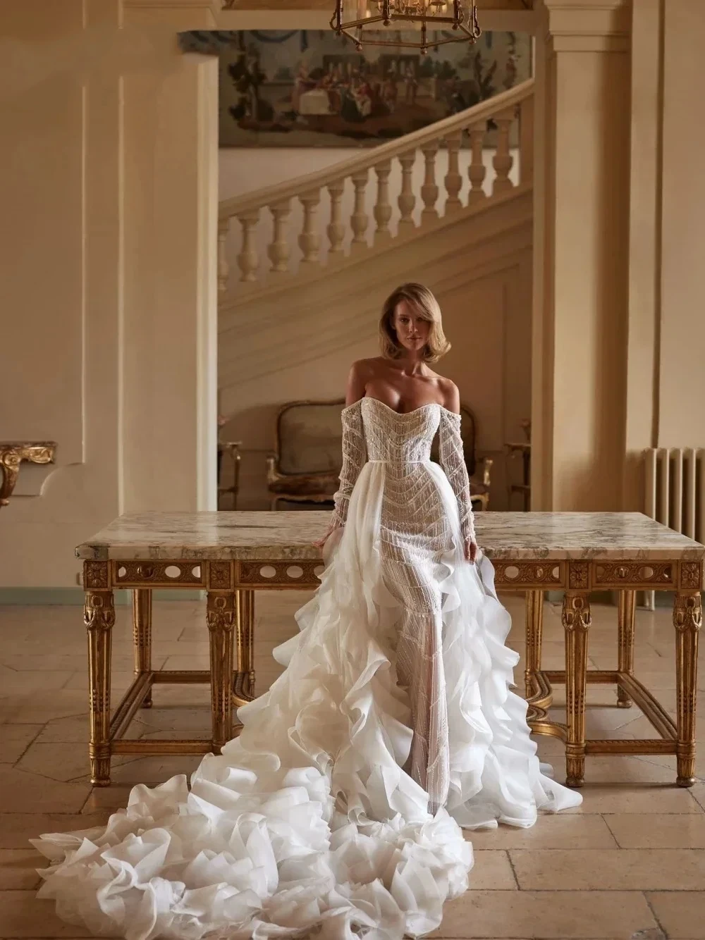 Customized Luxurious Mermaid Lace Beaded Women's Wedding Dress Sexy Exposed Strap Detachable Skirt Bridal Dress Vestido De Novia