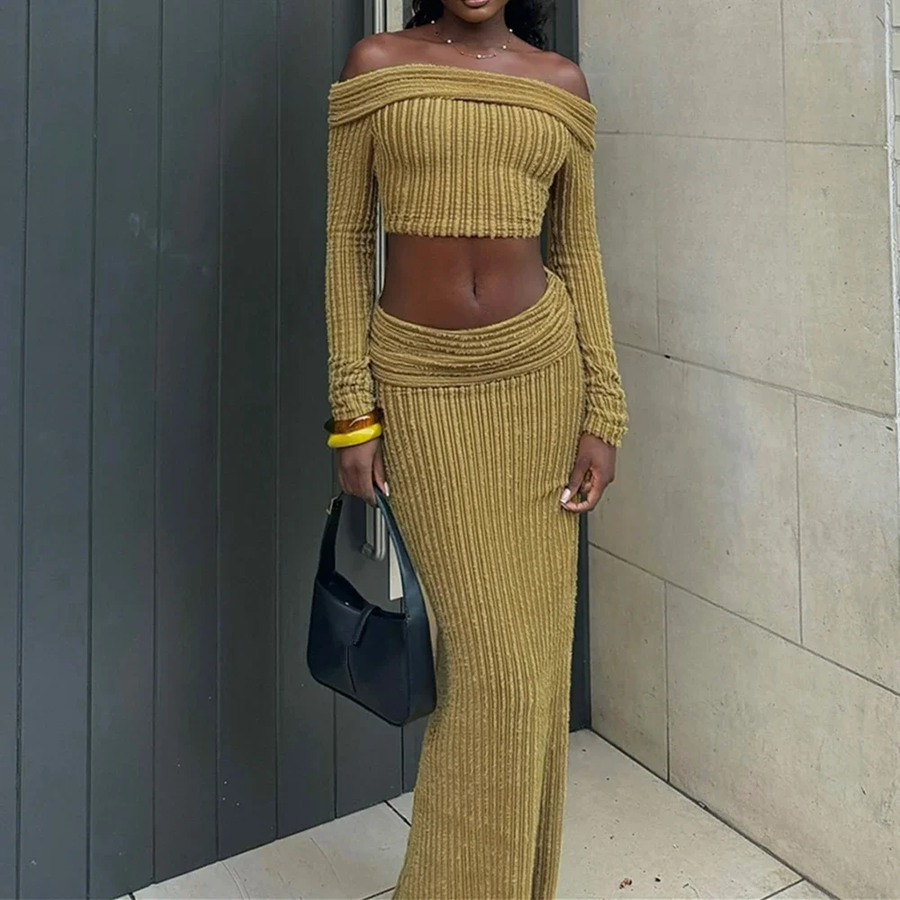 2025 Elegant Full Sleeve Female Knited Crop Top+Skirts Off The Shoulder Solid Women Shirt Set High Waist Slim Lady Skirt Sets