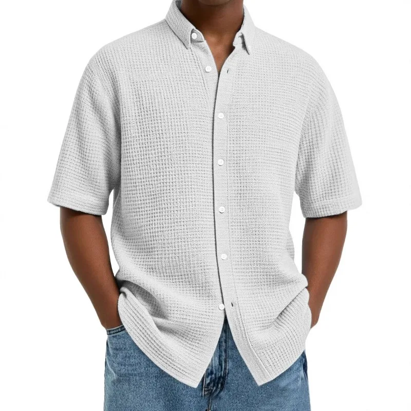 Men's Light Blue Wfle Knit Short-Sleeve Shirt Button-Down Oversized Casual Breathable Daily Top