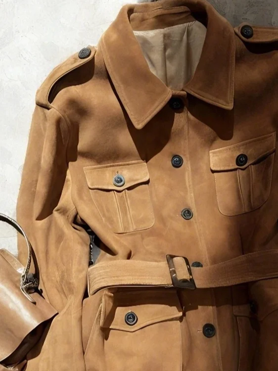 Browan Suede Leather Jaet Women's Casual Sle Mid-Length Light Maturi Faion Windbreaker American Sle Loose Fit Waist...