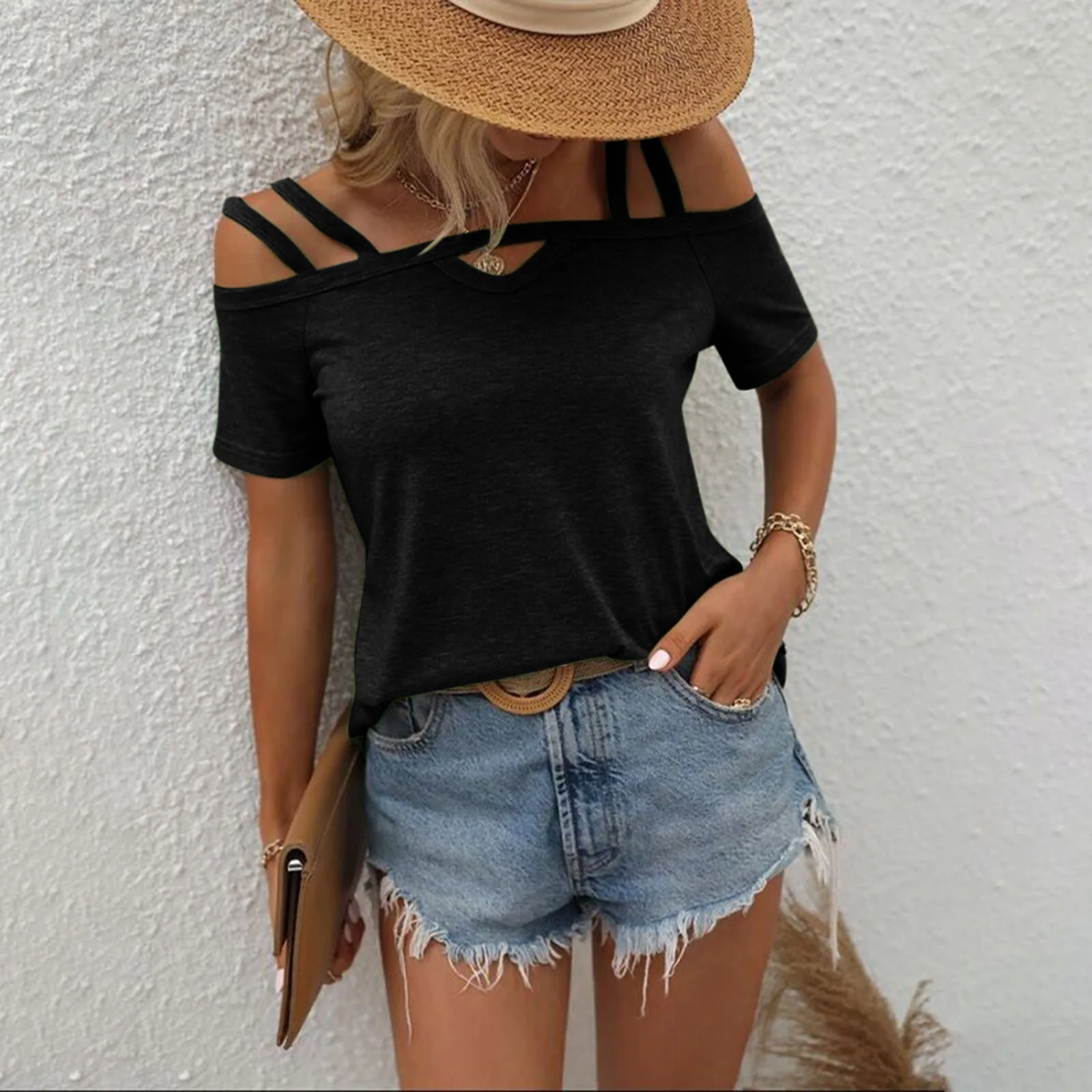 

Sexy One Shoulder Strap T-shirt For Women Elegant Solid Short Sleeved Hollow Pullover 2024 Summer Fashion Office Lady New