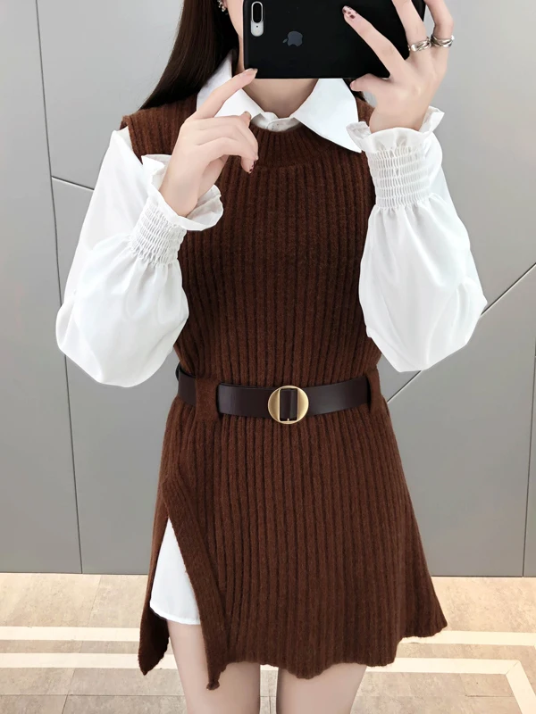 

Женский вязаный жилет весны 2025 года, комплект из двух предметов irt, дизайнерская сенсация, сплит, модная возрастная белая блузка, повседневная поездка...