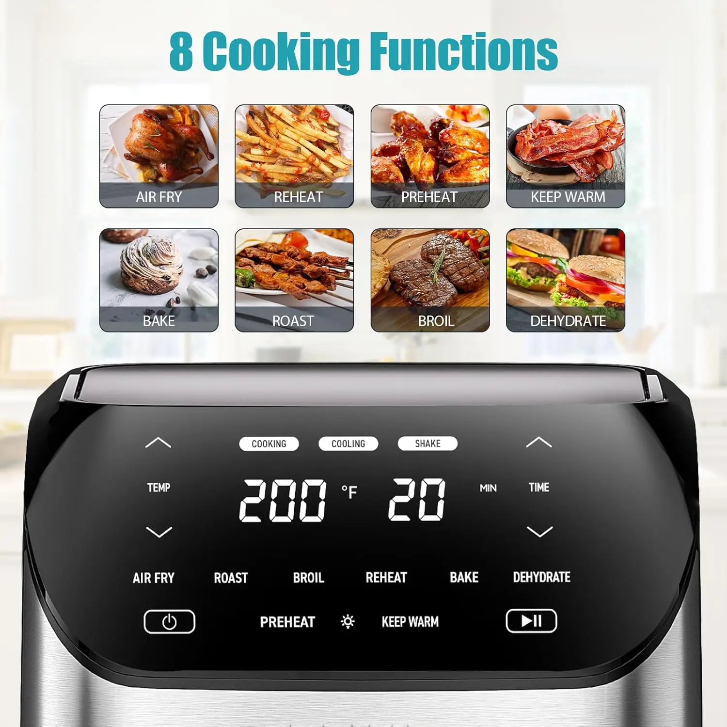 Hot Air Fryer 6.2 Quart, Large Capacity Oil-Free Oven, 1500W Healthy Cooker with 10 Presets, Digital LCD Touch Screen, Visual Co