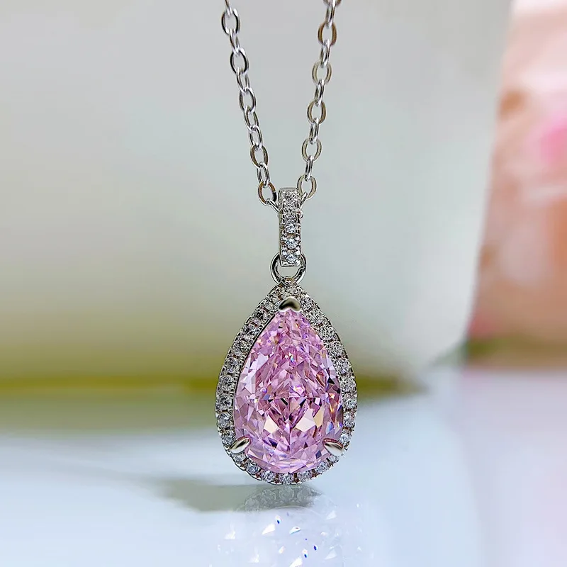 

Simple Silver 925 Jewelry Pendant Necklace 8*12MM Drop Cut Pink High Carbon Diamond 5CT Fine Jewelry for Women Wedding Gifts