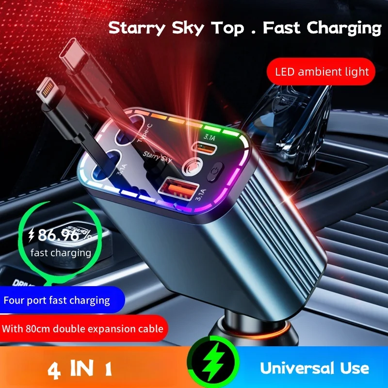 

5 IN 1 Retractable Car Charger 152W Fast Charging with Aromatherapy Starry Sky LED Lights USB Type-C Power Adapter for IOS Phone