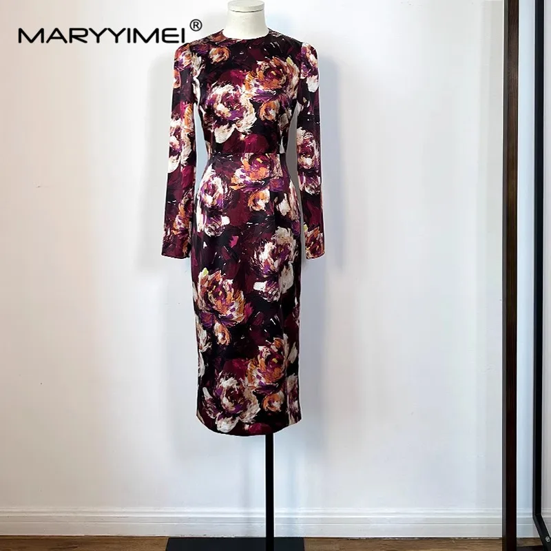 MARYYIMEI Fashion Designer Women\'s New Silk Vintage Long-Sleeved Hand-Painted Printed Wine Red Hip Wrap Pencil Split MIDI Dress