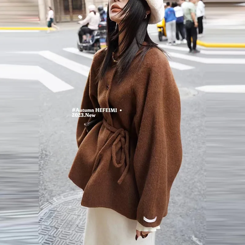 Mirad high-end 20 cashmere coat for women, mid to long, autumn and winter Korean version, lace up lazy style woolen coat