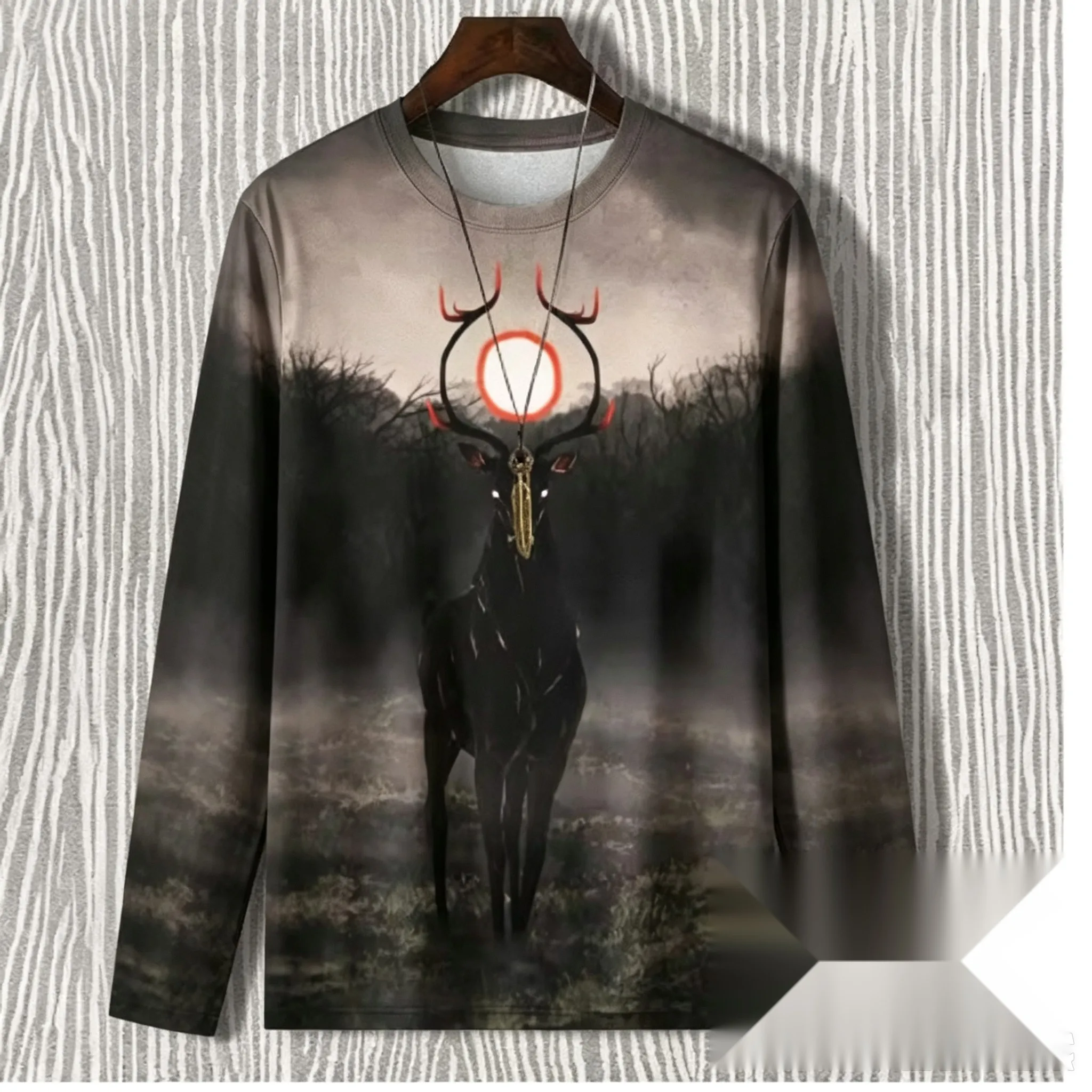 Men All Over Print Long Sleeve T-Shirt Dark Fantasy Deer Wolf Horror Gothic Casual Tops