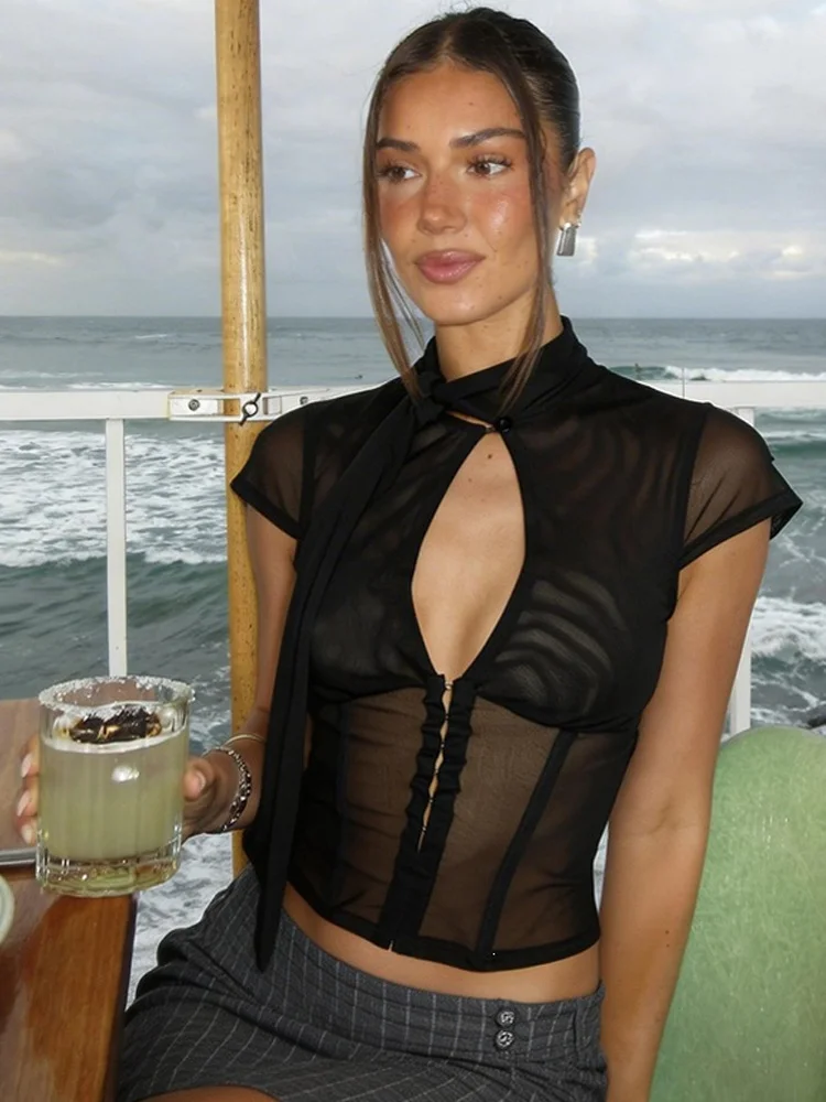 Summer women's retro Y2K sexy transparent mesh buckle strap hollow high neck short sleeved T-shirt date party top