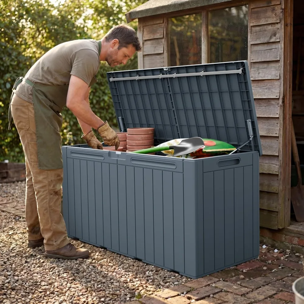 110 Gallon Outdoor Storage Box with Lockable Lid, All-Weather Waterproof Deck Box for Patio Furniture, Pool Supplies & Garden Tools, UV-Resistant, Gray view 6