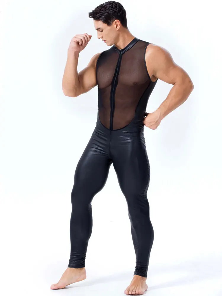 Men's Costumes Patchwork Mesh Sexy Catsuit Sleeveless Zentai Night Club Outfits Stage Jumpsuit Man Clothing Bodysuit Shapewear