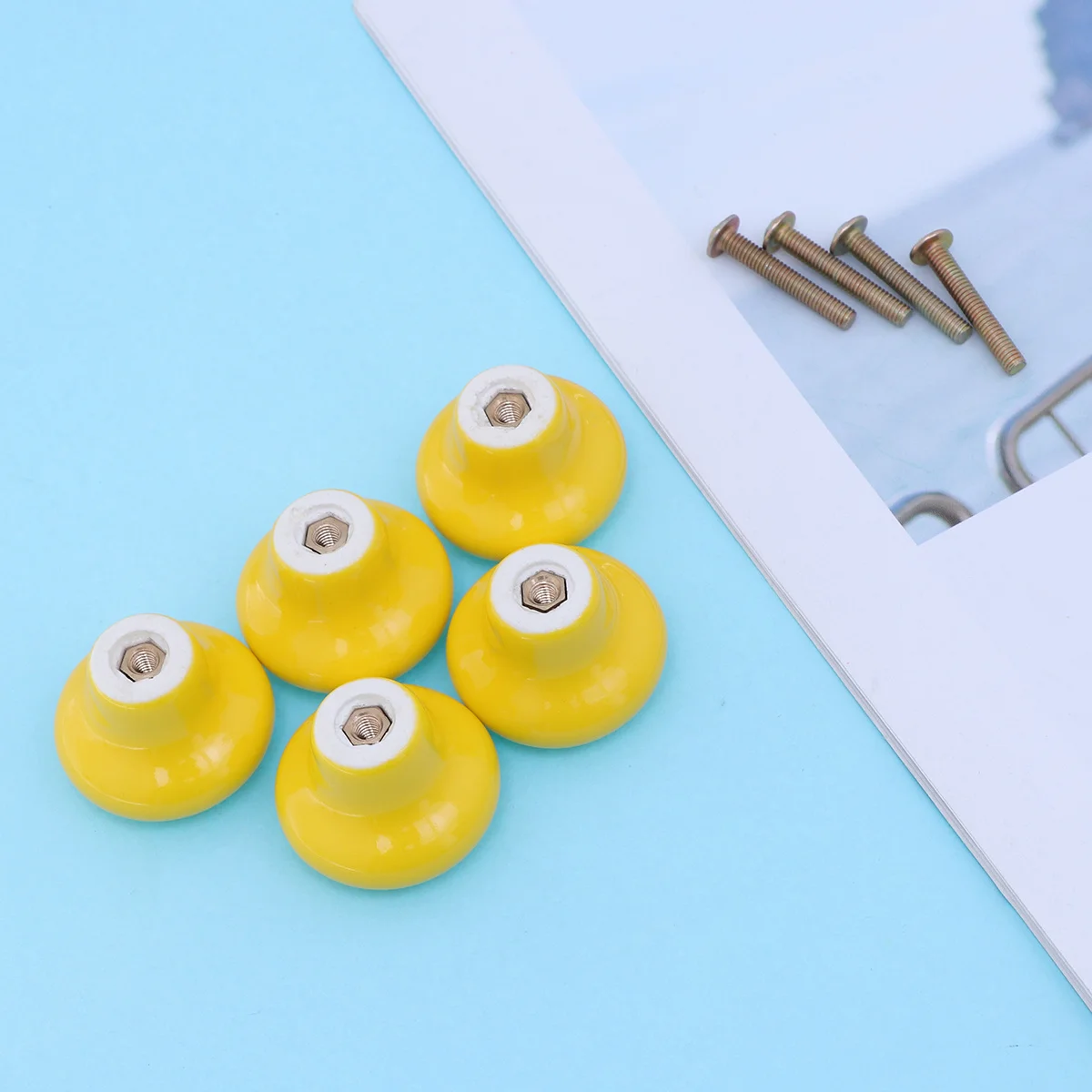 

5pcs Yellow Round Ceramic Door Knobs Pull Handles S Size 24Mm Durable Hard Material For Cabinet Drawer Wardrobe Chest Bin