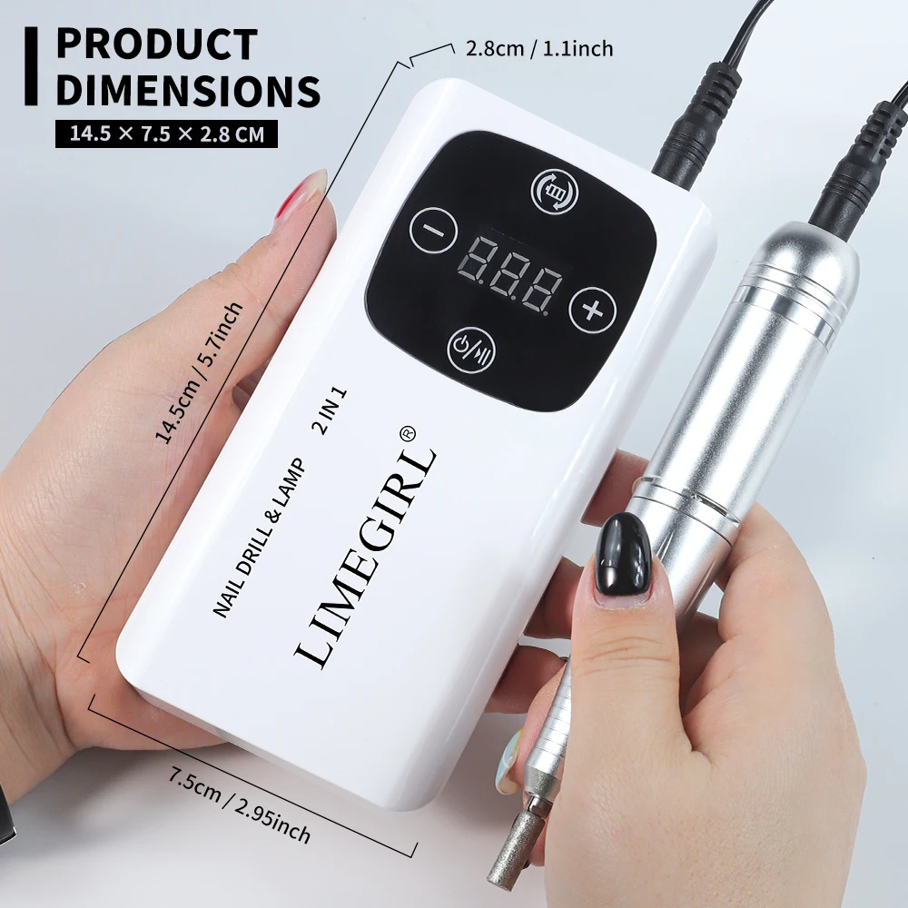 LIMEGIRL elektrische nagelboor en UV LED-lamp 2-in-1 manicuremachine, professionele oplaadbare nagelpolijstmachine nagelsalonapparatuur