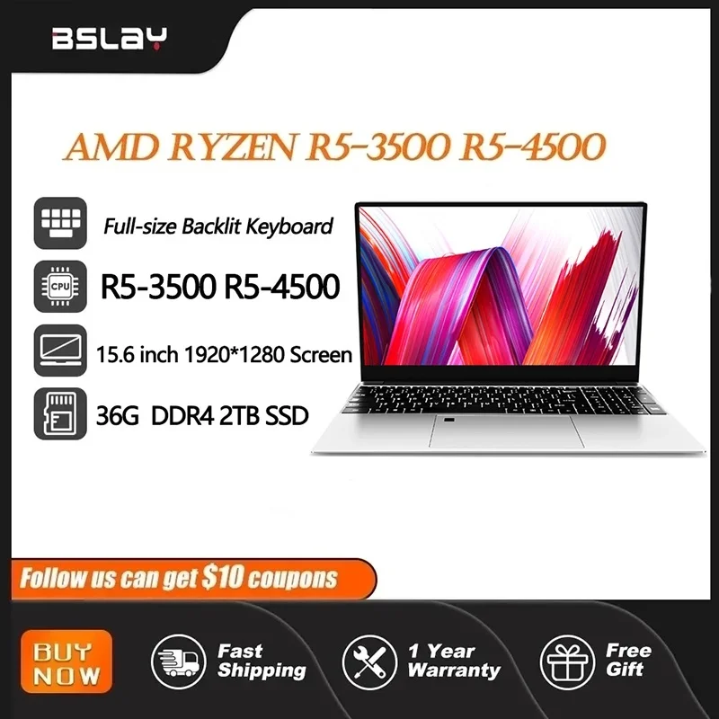 Laptop 15.6 Inch AMD R5-3500 R5-4500 36GB DDR4 2TB SSD Fingerprint Unlock Windows 11 HD Camera HDMI Lightweight Gaming Ultrabook