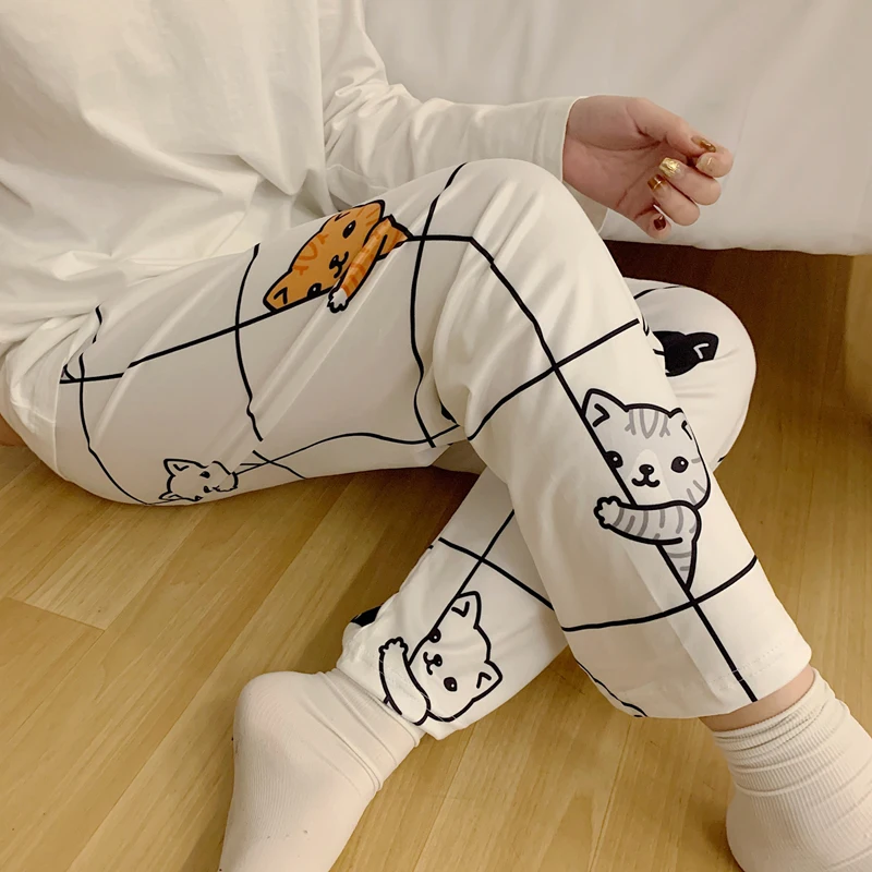 

Plus Size Pajama Pants Women White Plaid Cartoon Cat Pants Student Home Pants Beach Pants Discount Elastic Sleeping Pants