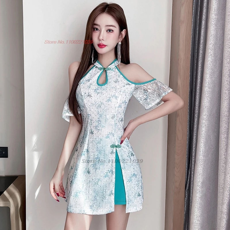 

2025 chinese sexy nightclub dress cheongsam national flower print lace qipao dress+shorts hotel spa work dress beauty uniform