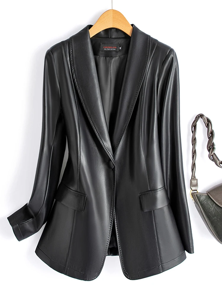 Bla ort Jaet-Damenanzug aus echtem Eepskin-Leder, 2025, Frühling, neuer Sle Commute Sle Slim Fit, lange Sve-T-Shirt-Knöpfe