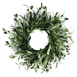 45cm Artificial Green Olive Wreath Greenery Wreath with Olive Leaves Olive Bean for Front Door Farmhouse Home Wall Window Decor
