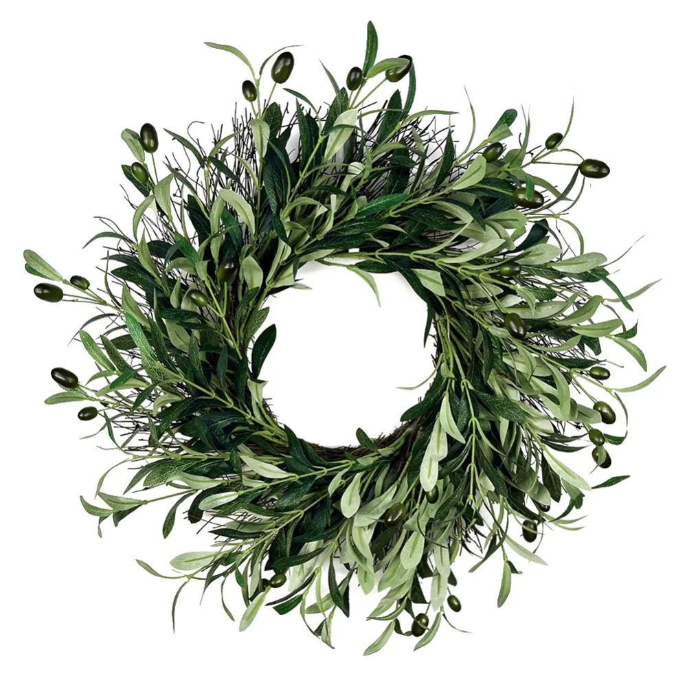 45cm Artificial Green Olive Wreath Greenery Wreath with Olive Leaves Olive Bean for Front Door Farmhouse Home Wall Window Decor