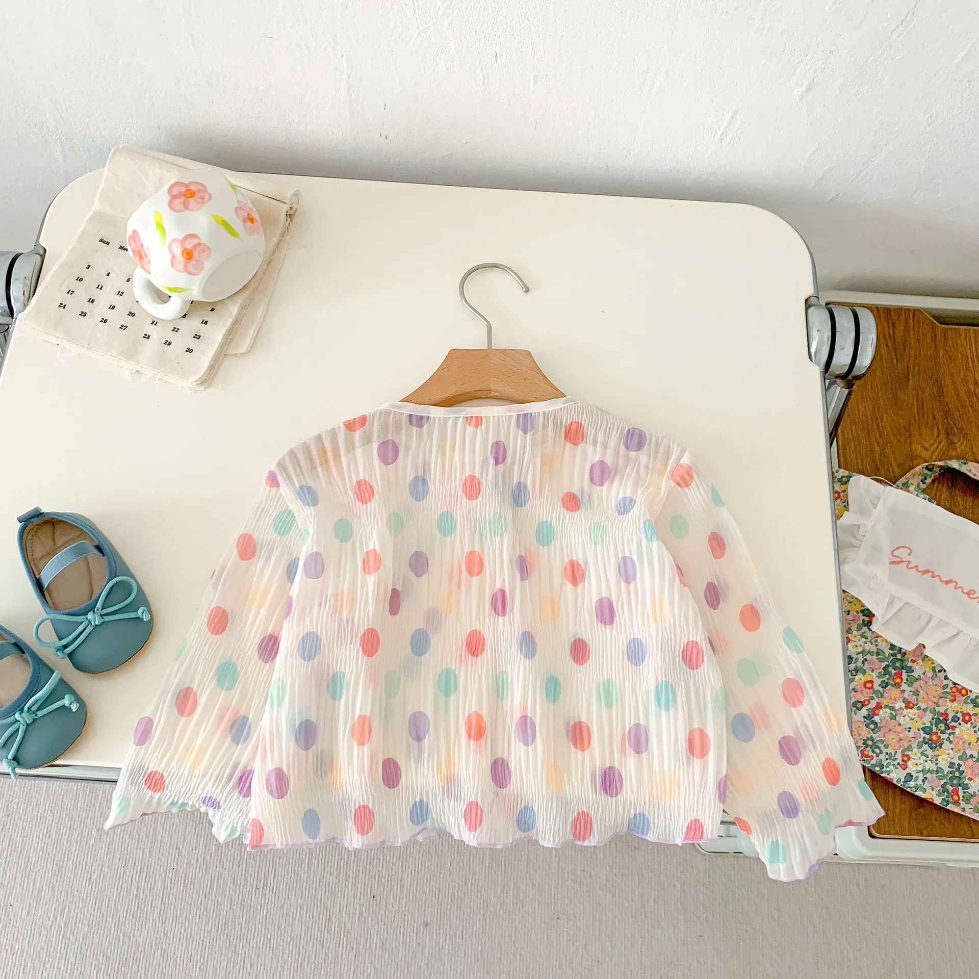 Girls' Lace Up Cardigan Sunscreen Clothing 2026 Summer Children's  Thin Outerwear Baby Rainbow Polka Dot Air-conditioned Shirt