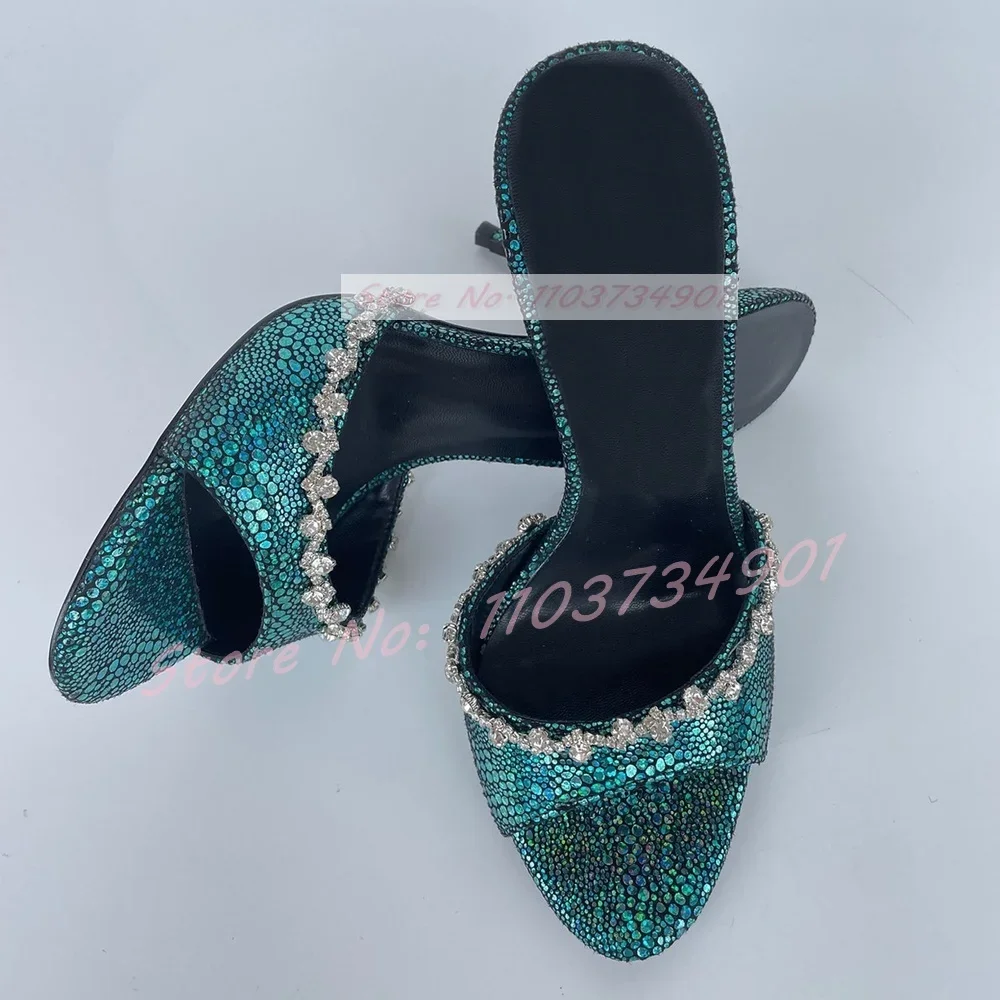 

Green Gretel Crystals Round Toe Slippers Female Fashion Patent Leather Thin High Heels Mules Women Elegant Casual Chic Slippers