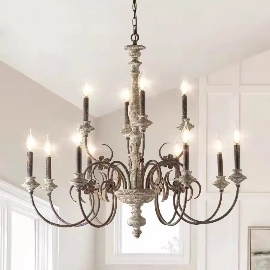 Large Wooden Chandelier 12 Lights Vintage Living Room Hanging Lights For High Ceiling Farmhouse Rustic Chandeliers Retro Lamp