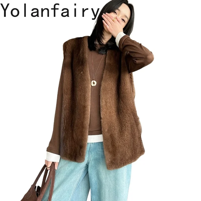 YOLANFAIRY Velvet Whole Mink Real Fur Waistcoat Women Autumn Winter 2026 Sleeveless Natural Mink Fur Vest Elegant chaleco mujer
