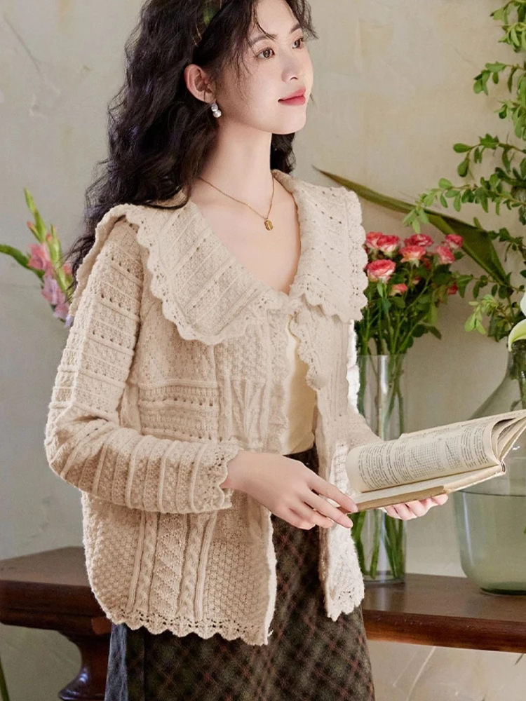 Cardigans Women Lazy Style Hollow Out Gentle Baggy Knitted Peter Pan Collar Outwear Sweet French Chic Soft New Кардиган Женский