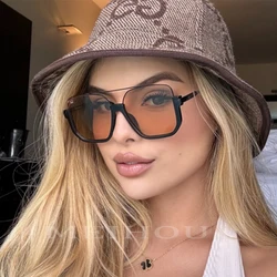 Fashion Brown Square Women's Sunglasses New Vintage Oversized Double Bridges Sun Glasses Female Luxury Flat Top Shades Eyewear