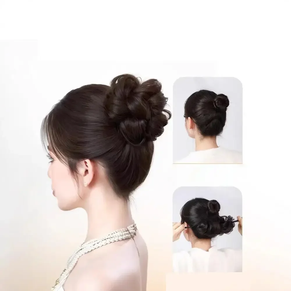 Parrucca sintetica con panino arrotolato, bastoncino per capelli da donna, capelli a spirale, boccioli di fiori, testa di fiori per aumentare il volume