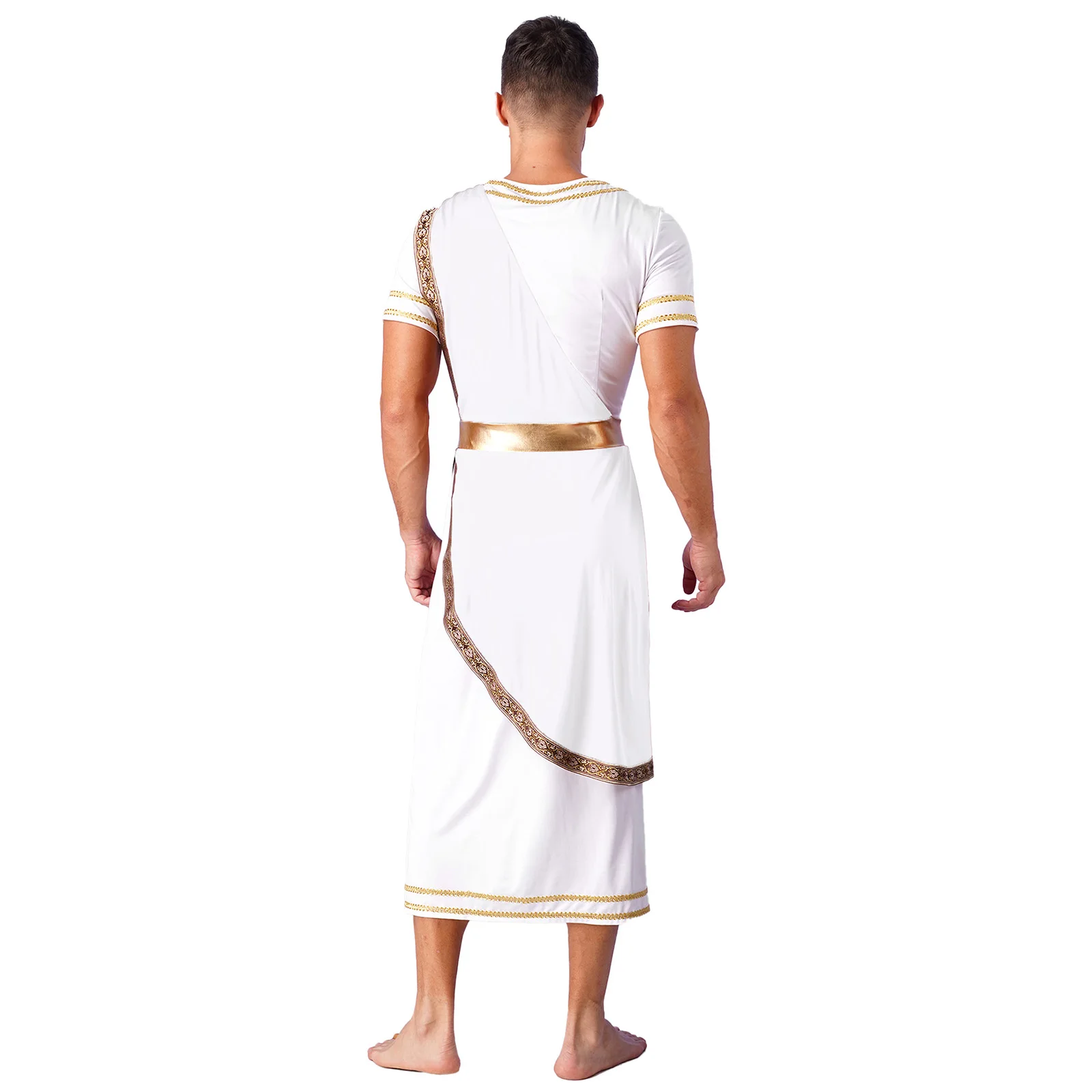 Men Ancient Greek Roman Toga Halloween Cosplay Costume Short Sleeves Gold Long Robe Carnival Theme Party Fancy Dress Outfits