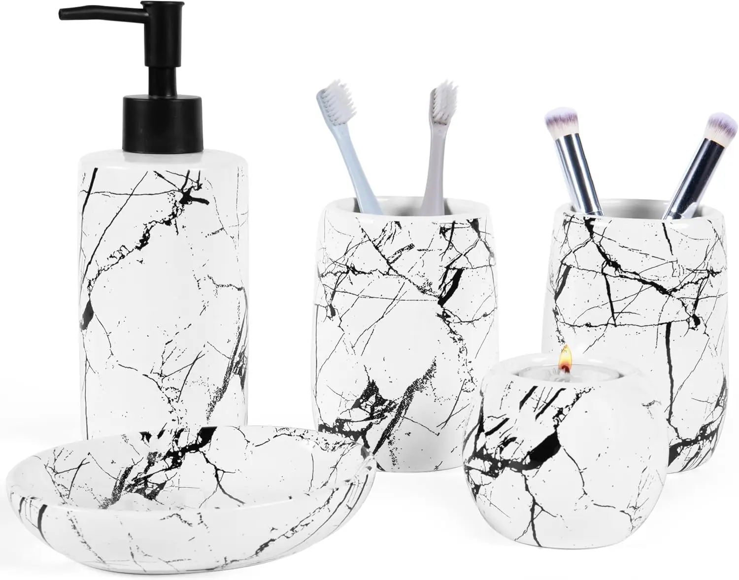 

5-Piece Ceramic Bathroom Set: Soap Dish, Toothbrush Holder, Dispenser, Tumbler & Candle Holder in White or Black