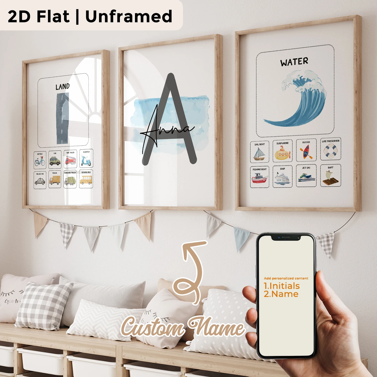 3pcs Personalized Custom Name Kids' Alphabet Learning Wall Art Print Picture Canvas Poster Painting For Living Room Home Decor