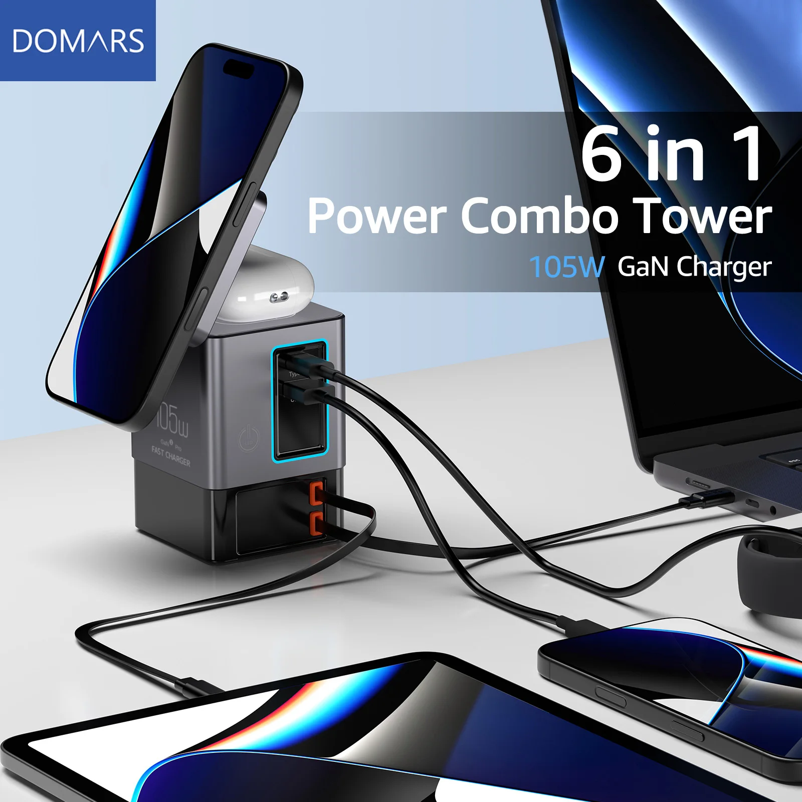 

Беспроводная зарядная станция Domars 6-в-1 с выдвижным кабелем USB-C, комбинированная зарядная башня 105 Вт для нескольких устройств, быстрое зарядное устройство