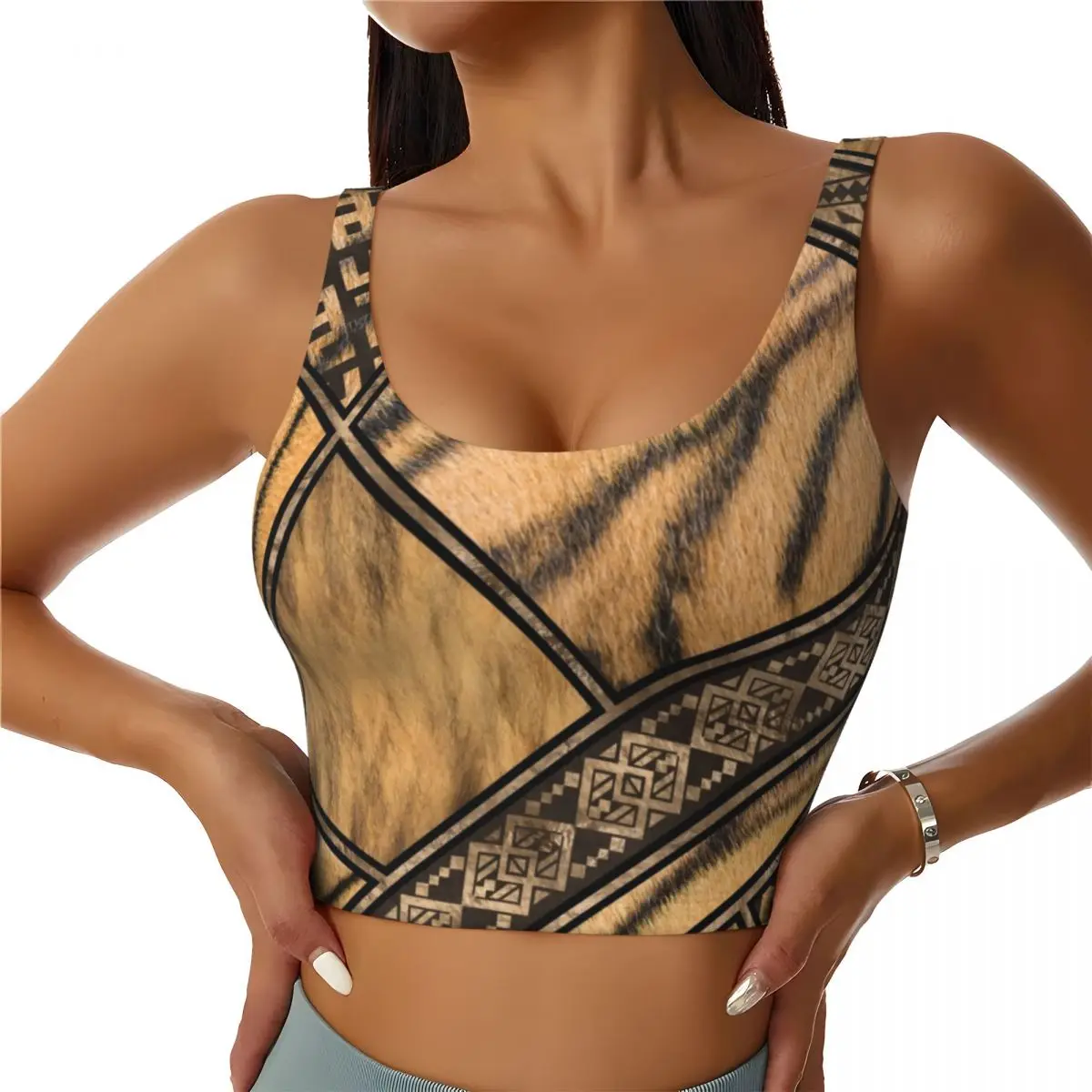 

Custom Bengal Tiger Fur Ethnic Tribal Geometric Ornaments Workout Crop Tank Tops Women's Animal Leather Texture Yoga Sports Bras