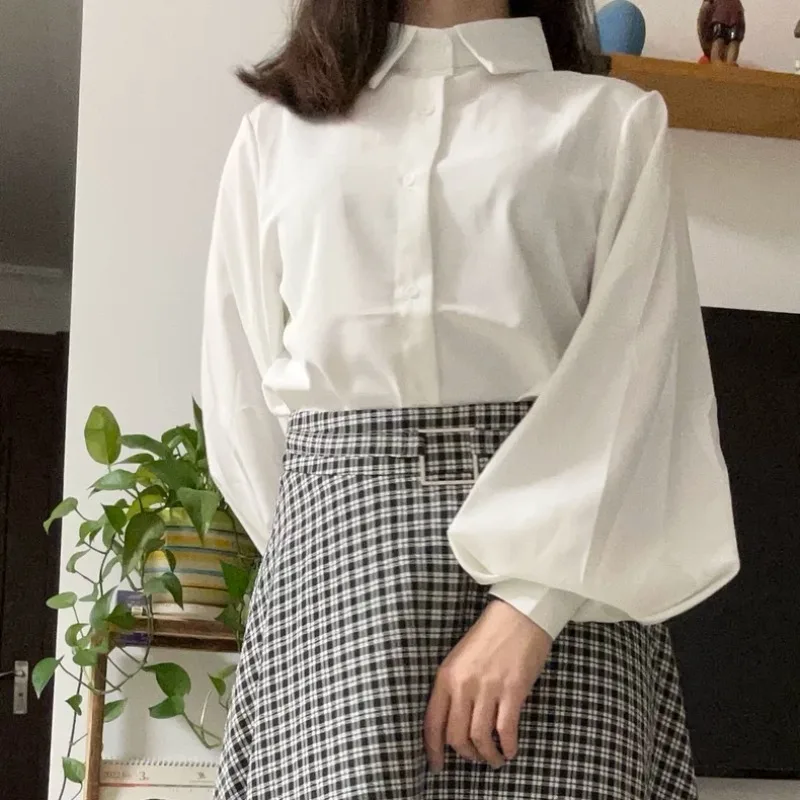 Kemeja wanita lengan lentera padat trendi Chic Vintage semua cocok klasik harian Musim Semi Korea Fashion kantor wanita Ins Harajuku