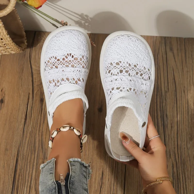 2024 Summer New Two Wear Baotou Sandals with Lace Breathable Soft Sole, Casual and Versatile Hollow Flat Shoes for Women