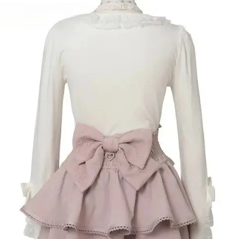 

Spring New Lace Long-sleeve Choker Collar Ribbed Knitted Tops Fashion Sweet Cute Girls Versatile Bow Pullover for Girls