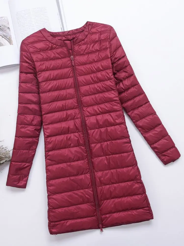 0-10℃ Women Winter Coat 2024 New Ultra Light Collarless Duck Down Jackets Slim Portable Female Long Puffer Down Coats Outerwear