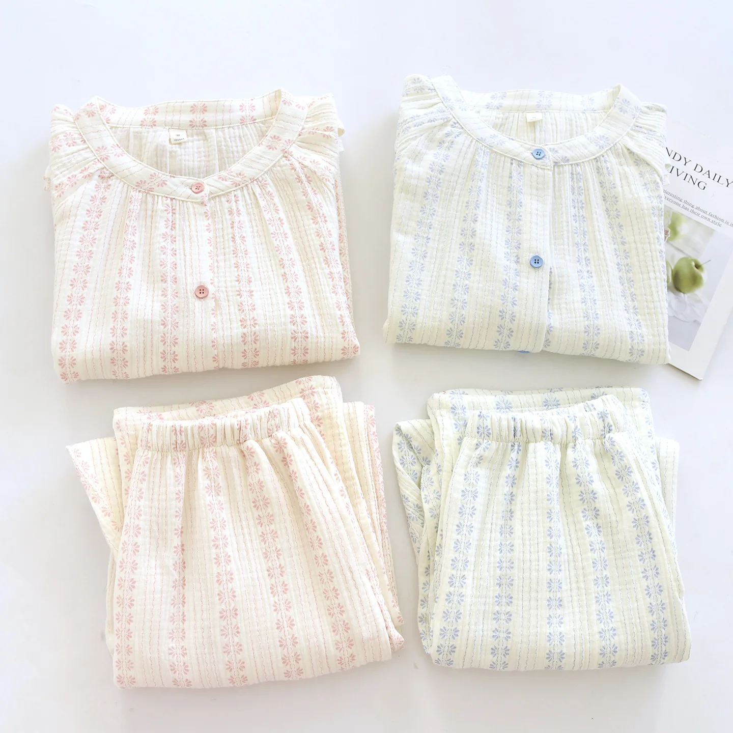 

Women's Striped Floral Print Pajama Set Cotton Loose O-Neck Long Sleeve Shirt Pants Two Piece Set