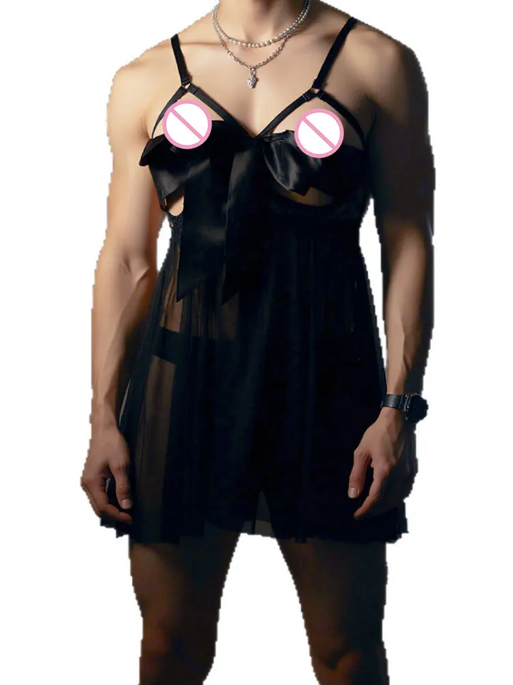 

Sexy porno lingerie men's See-through bow Detachable chest crotchless skirt flirting couple cosplay uniform Erotic products 18+
