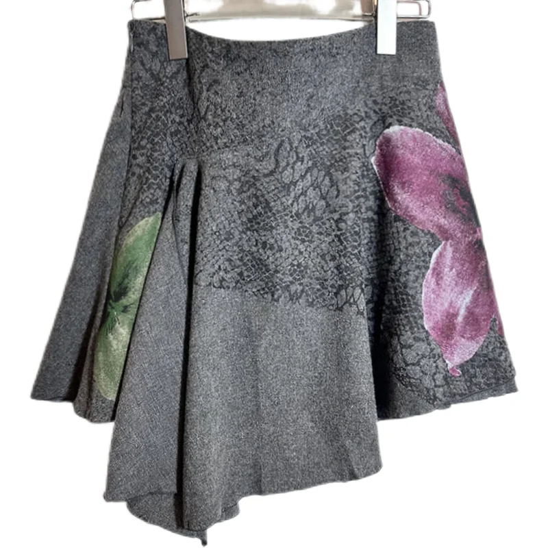 

Autumn Wool Woolen Print Embroidery Irregular Hem Skirt Temperament Skirt