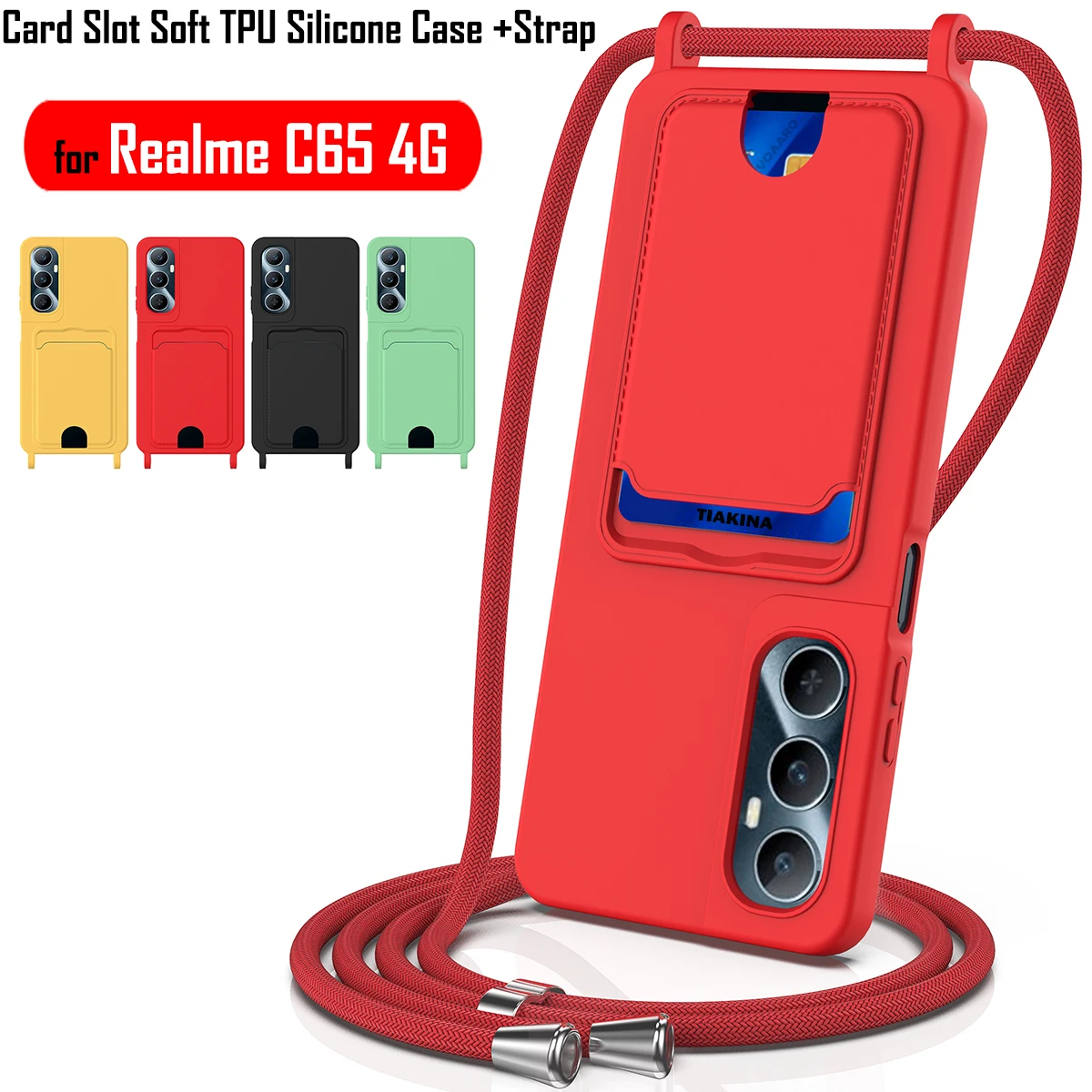 

Soft TPU Silicone Funda for OPPO Realme C65 4G Case for Realme C65 4G Portable Card Slot Case with Strap Protective Cover