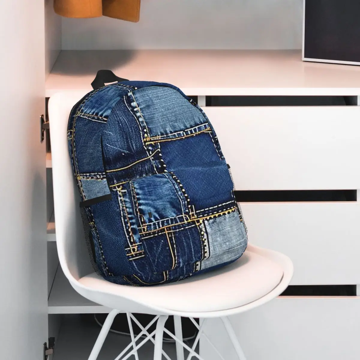Blue Faux Denim Patchwork Quilt Design Backpack Student BookBag Kids School Bag Computer Shoulder Bags for Boys Girls