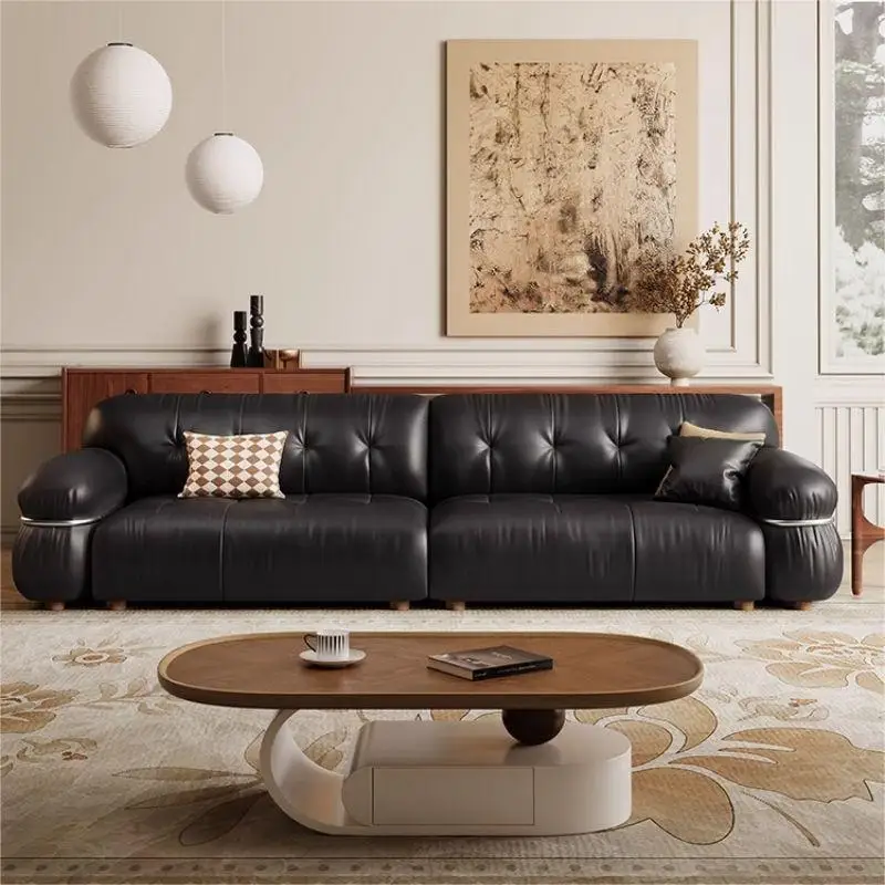 Mid-Century Black Steel Ring Genuine Leather Sofa, Retro Top Grain Cowhide Straight Set for Small Living Room