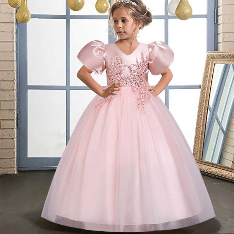 Vestido largo de satén con manga de burbuja y cuentas para niña, traje Formal de princesa para fiesta de graduación y noche, 3-10T