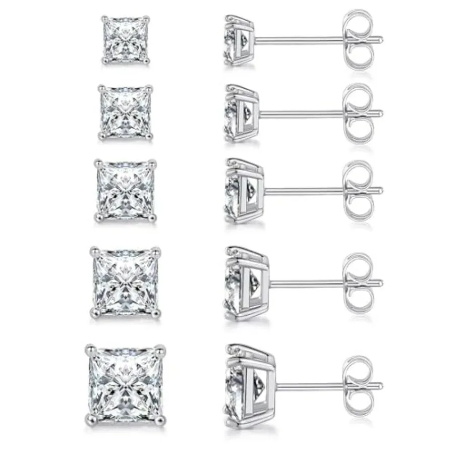 

MDFUN 5 Pairs Square Earrings Set for Women Hypoallergenic 18K// Plated Princess Cut Clear Cubic Zirconia Stud Earring 3-7MM Pa