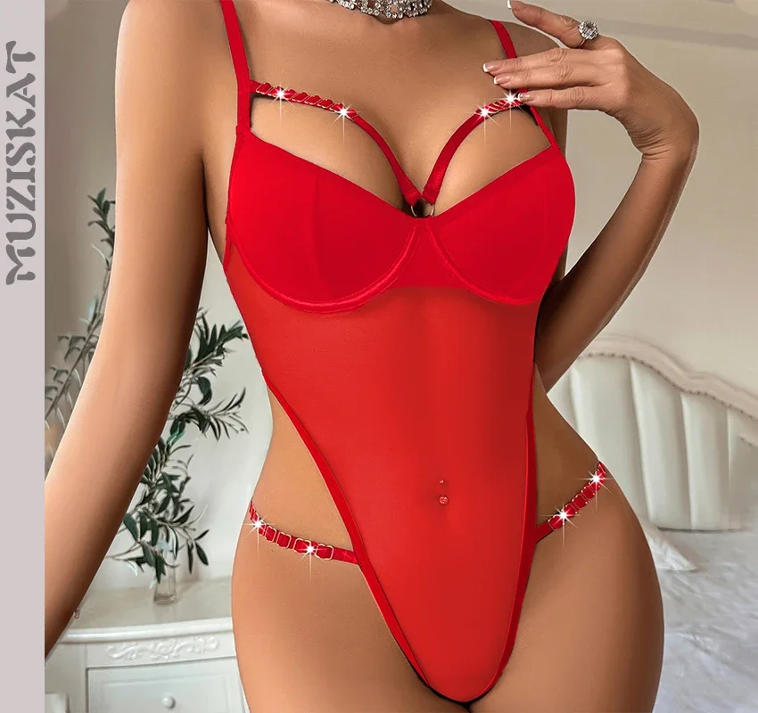 

MUZISKAT 2024 Fashion Skeleton Erotic Lingerie Complex Craft See-Through Mesh Sexy Waistless Halter Jumpsuit Female Onlyfans