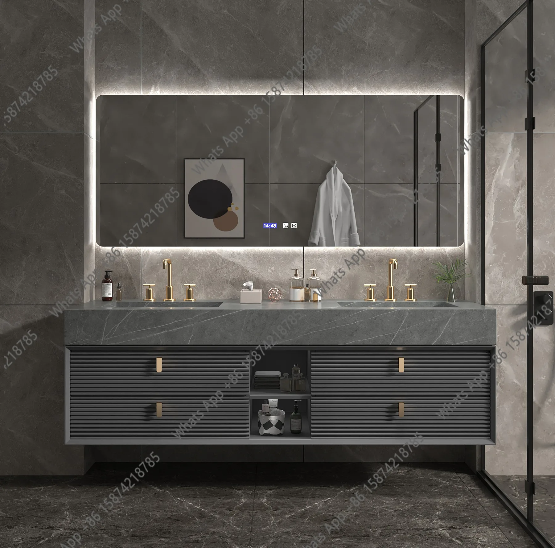 VB A Light Luxury Modern Slate Kit Bathroom Mirror Lamp Cabinet Sink Faucet One-piece Double Basin Oak Combination Solid Wood Wa